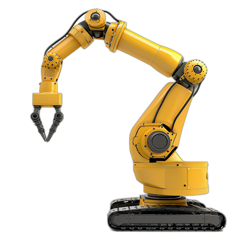 3d yellow robotic arm on black background, industrial robot for factory work isolated