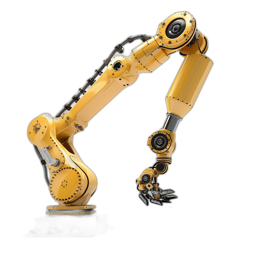 yellow and black robotic arm on white background, isolated on black background, hyper realistic photography