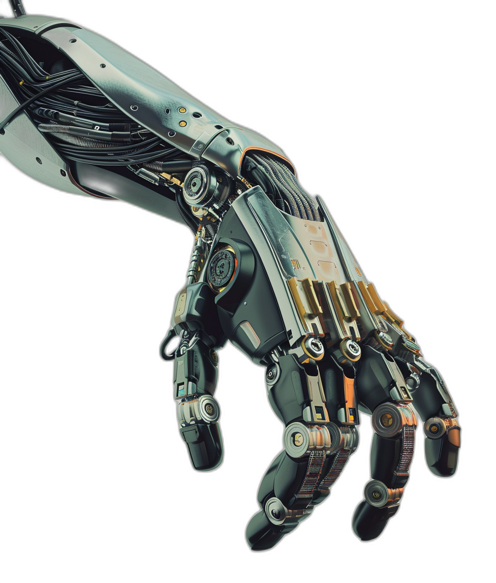 futuristic robotic hand against a black background in the hyper realistic style.