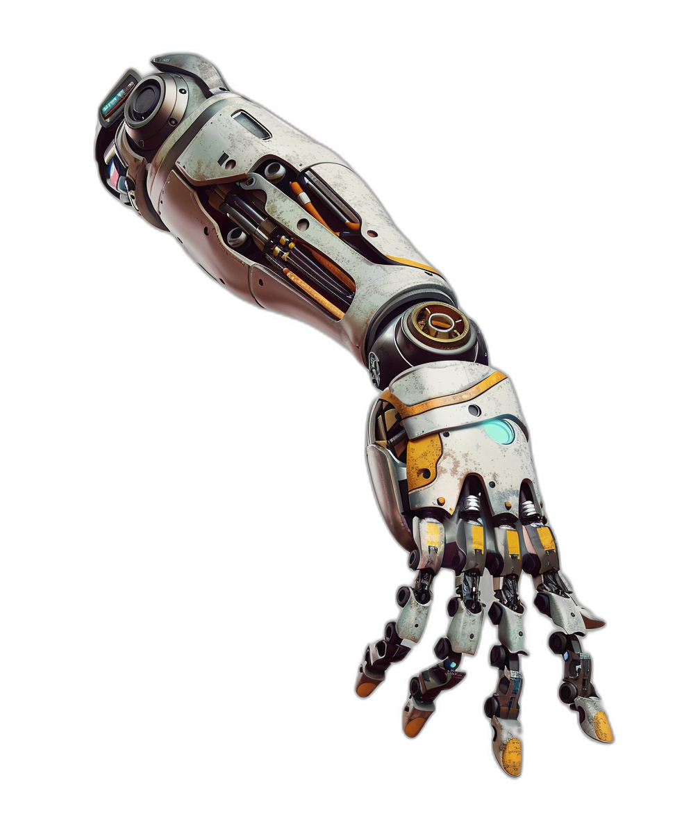 An arm with a robotic hand in the style of scifi, game asset design on a black background, hyper realistic render