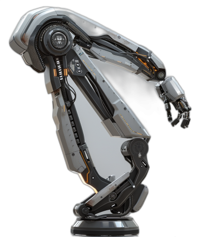 A robotic arm, a metal structure with glass panels and orange details on the sides of its arms, is seen from behind at an angle to display all four limbs. The robot is designed in the style of cyberpunk with silver color tones against a black background. It is a photorealistic rendering with studio lighting.