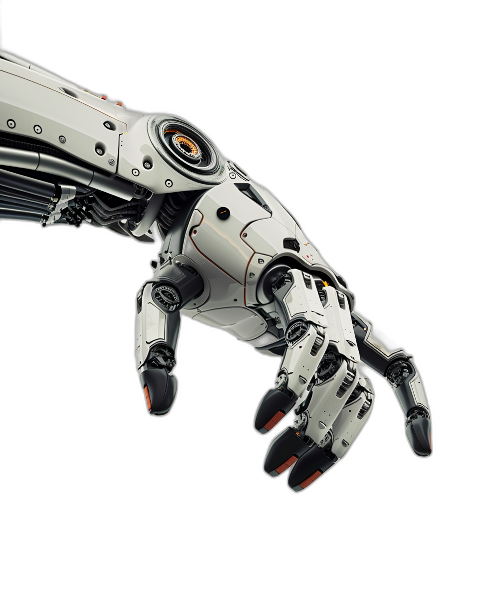 Photo of an arm robot, white with black and red details on the hand, reaching out to touch something, on a pure black background, in a hyper realistic style.