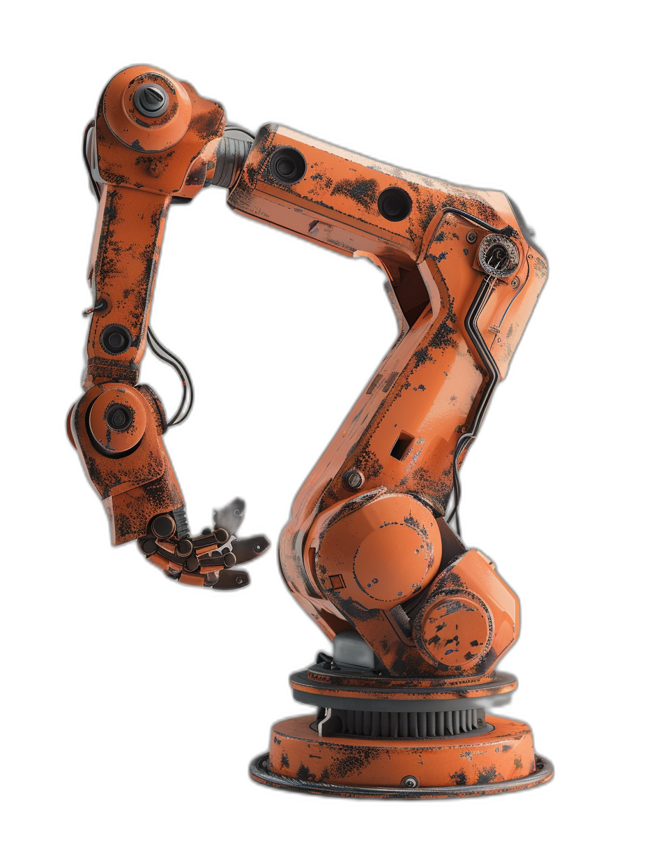 A robotic arm made of orange metal, with black background, hyperrealistic details, and mechanical design. The robot’s arms feature detailed edges and textures that resemble the surface material on an industrial machine or weapon.,in style photo realism