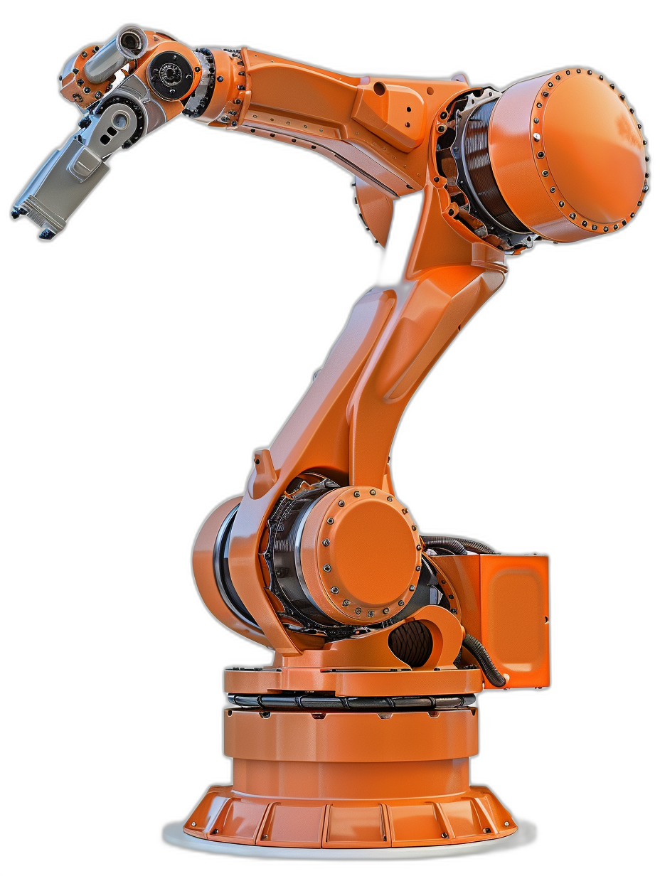 orange industrial robot arm on black background, side view, hyper realistic photography