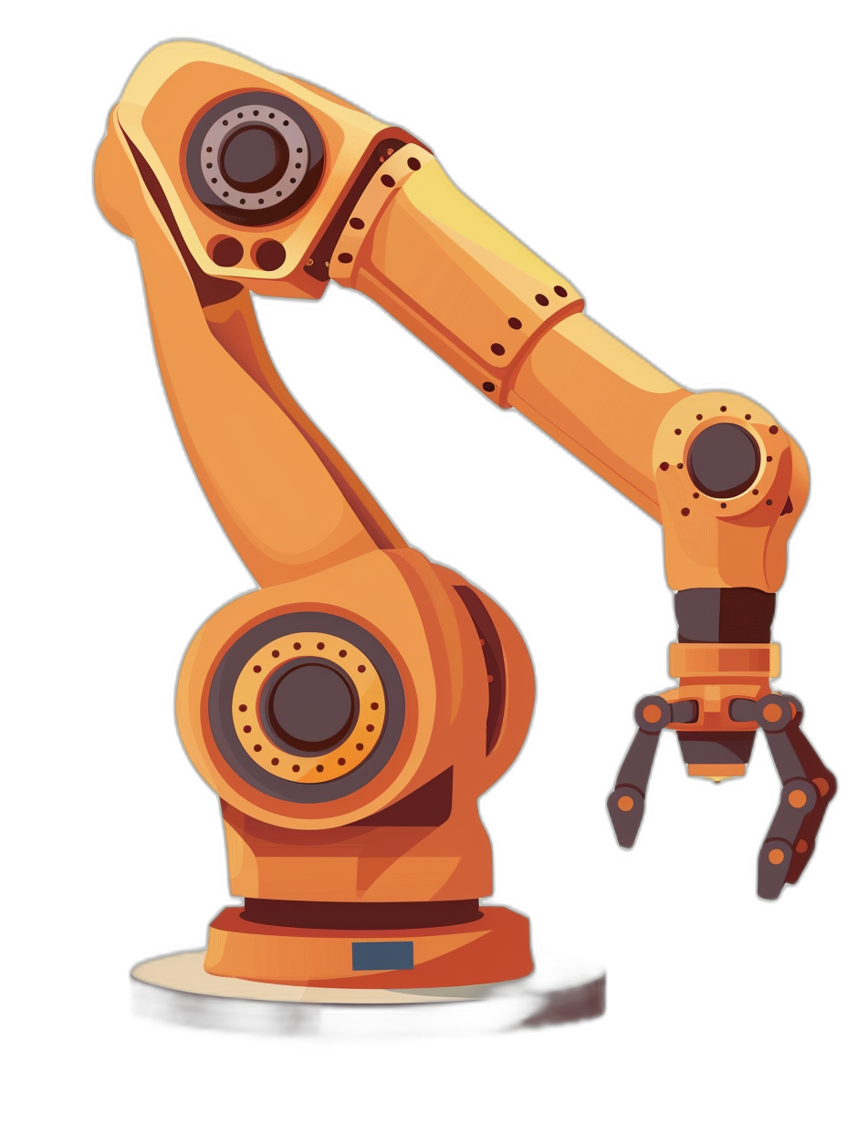 Vector illustration of an industrial robot arm on a black background in the style of a cartoon, with a simple design and cute vector graphic style. It is a 2D flat design digital art with vector graphics and flat colors at a high resolution and quality. The professional photography has studio lighting with the robot arm isolated on a white background and an orange and brown color scheme. It has a minimalistic style with clean lines and no shadows.