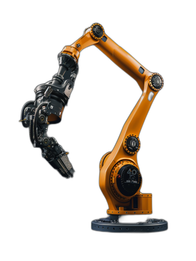 Photo of an industrial robot arm in orange color on black background, studio shot, photorealistic, high resolution photography