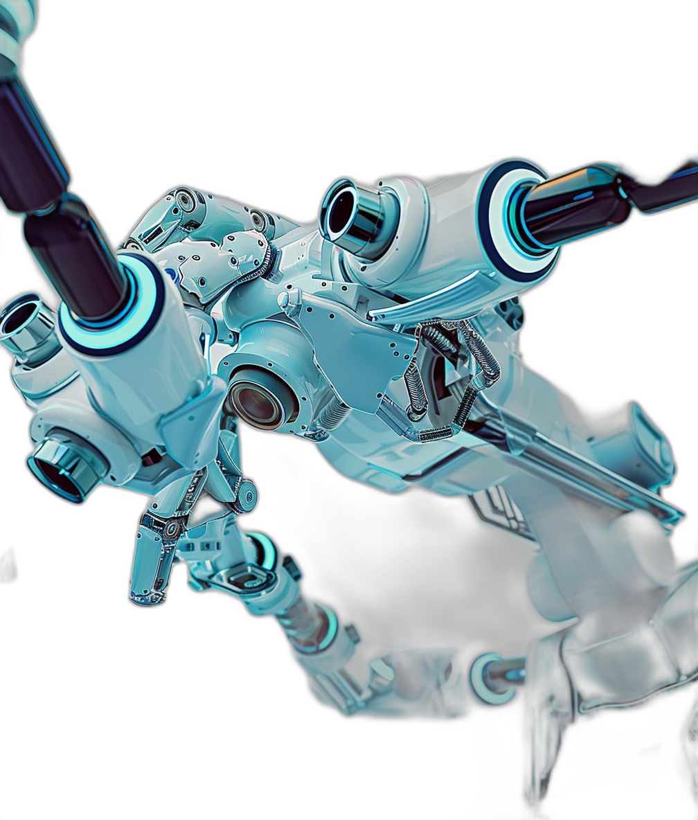 A robotic arm with four long arms is flying in the air, holding an energy gun, in the style of scifi, dark background, light blue and purple gradient color scheme, 3D rendering, modeled in C4d software, modeled in blender, high resolution photography, full body shot, high detail, high quality, high contrast, black background, captured with an ultrawide angle lens, closeup of the robot’s hand.