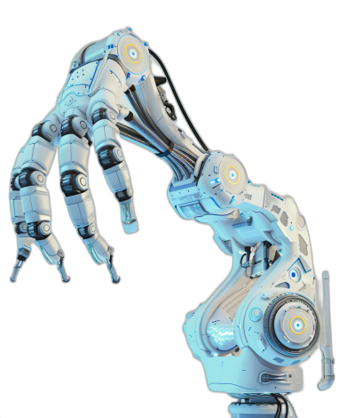 3D render of a robot hand on a black background with a blue and white color scheme in a techy look. A full body shot of the robot hand in a dynamic pose rendered in a photorealistic and hyperrealistic style. The rendering has a cyberpunk and sci-fi style done in the style of Octane rendering and Blender at a high resolution and with high detail.