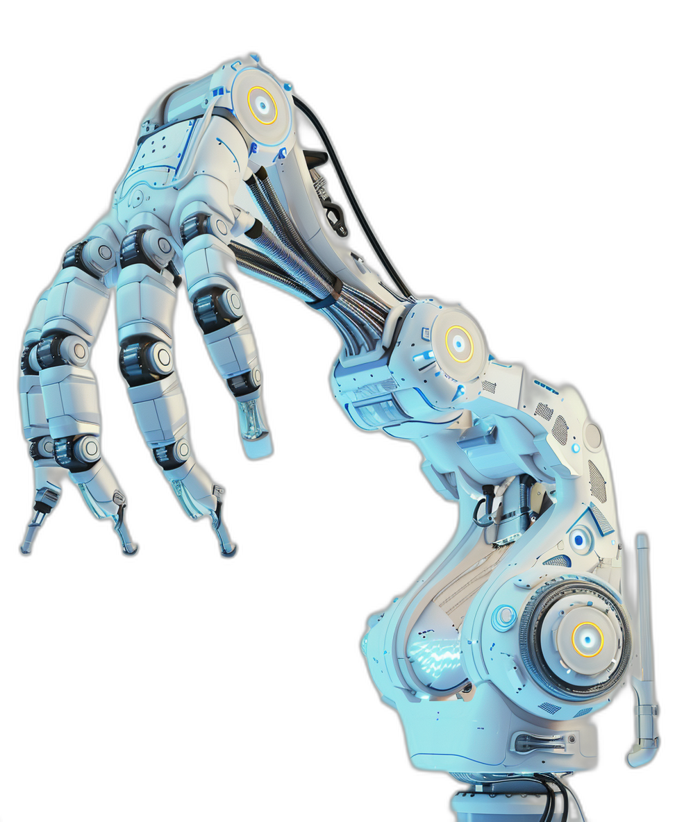 3d render of robotic hand with the arm and finger, white color, light blue rim lights on mechanical parts, black background, full body shot, wide angle