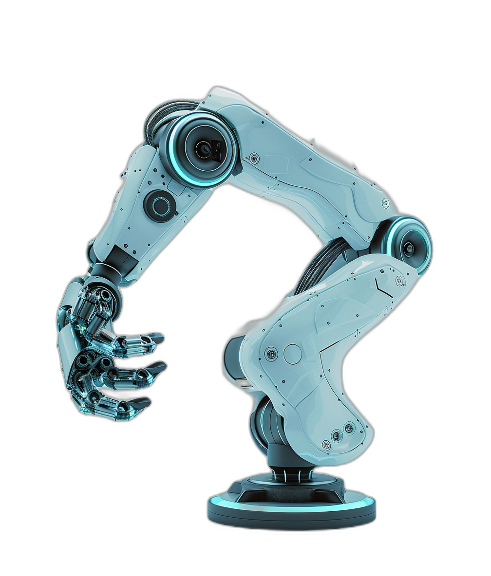 3D rendering of a robot arm in the style of a holographic white color with blue glow on the parts and details against an isolated black background, shown in perspective view.