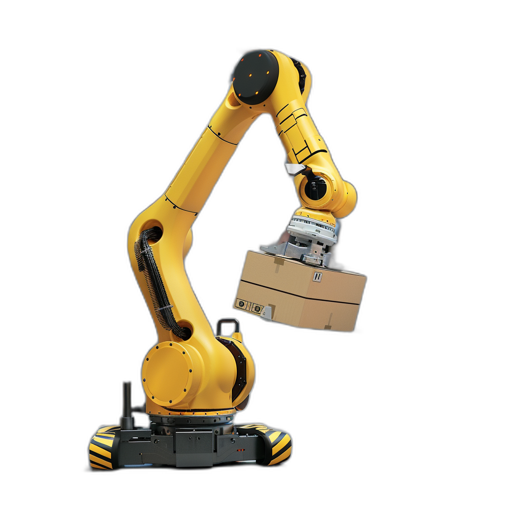 yellow industrial robot arm holding cardboard box, isolated on black background, hyper realistic photography