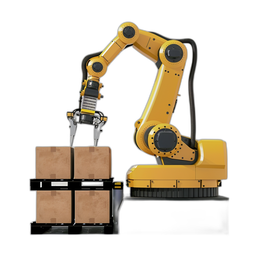 A yellow robotic arm carrying a pallet of boxes on a black background, viewed from the side, in the style of a hyper realistic photo.