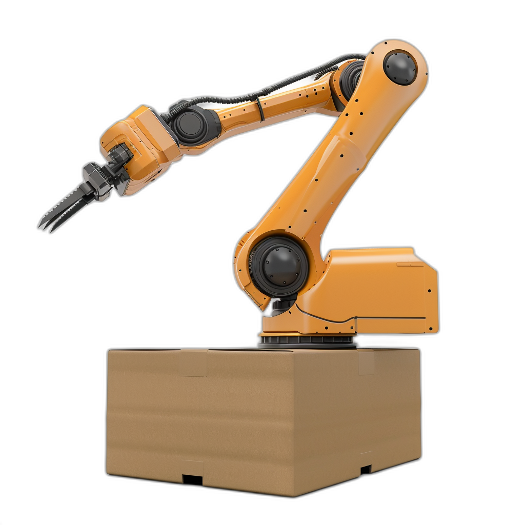 A robotic arm holding an orange cardboard box on a black background, shown from the side, rendered in a photorealistic, hyperrealistic style in the style of 3D rendering.