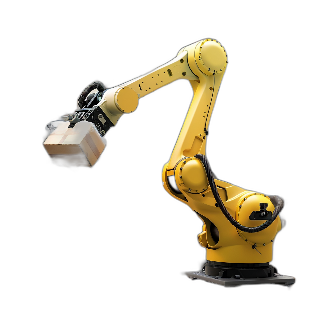 yellow industrial robot arm holding box on black background, side view