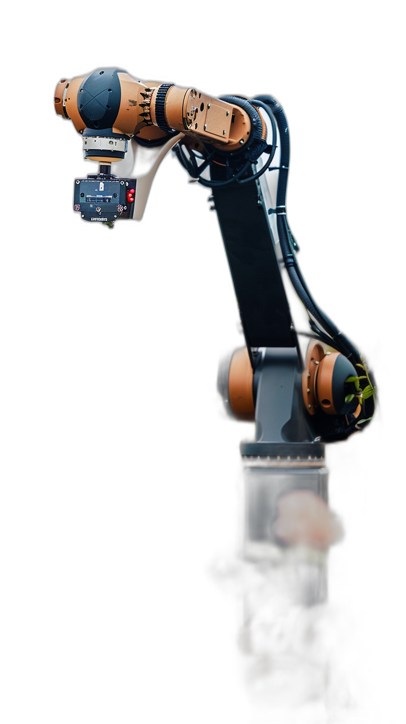 Photo of an industrial robot arm holding and picking up something, isolated on a black background, in the style of hyper realistic photography.