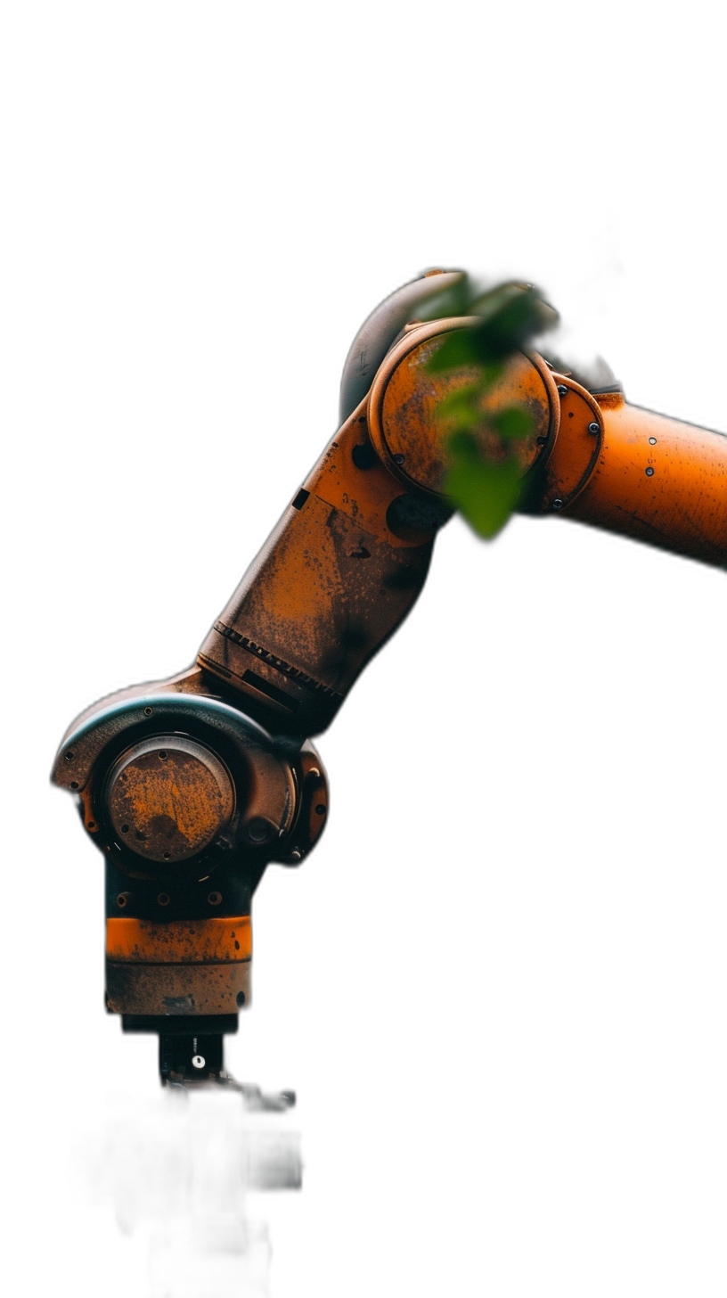 A robotic arm picking leaves against a black background in a closeup shot from the side, in the style of industrial photography, with orange and green tones at a high resolution.