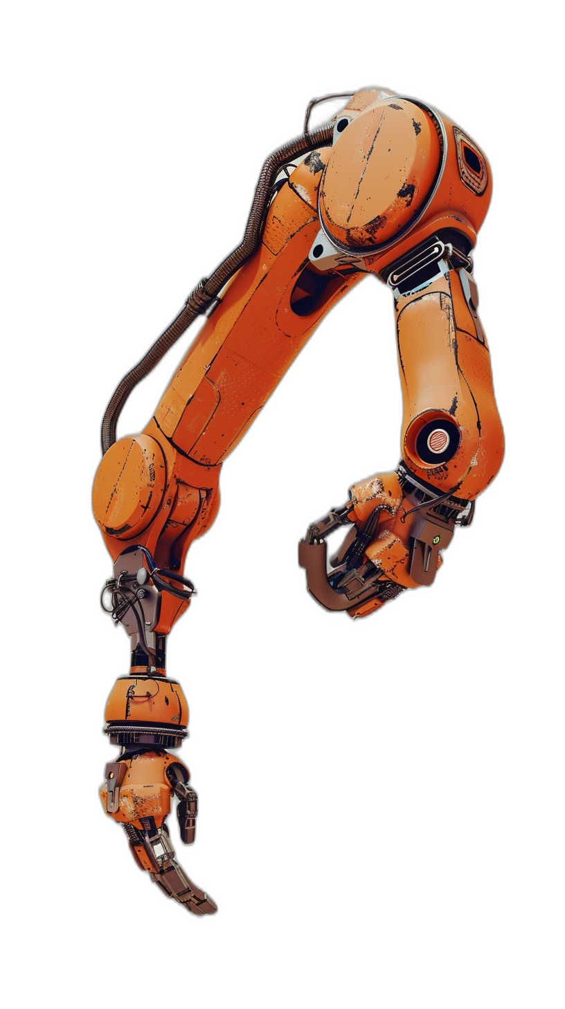 An orange robot arm on a black background, in the hyper realistic oil painting style of full body shot, side view.