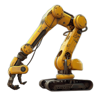 A yellow robotic arm, 3D rendering, black background, 45 degree side view, high resolution, hyperrealistic details, industrial design style. The robot's long finger is stretched out and the lower part has two large claws. It features a metallic texture and bright lighting, with a sense of technology. In front of it stands an excavator bucket in the style of industrial design.