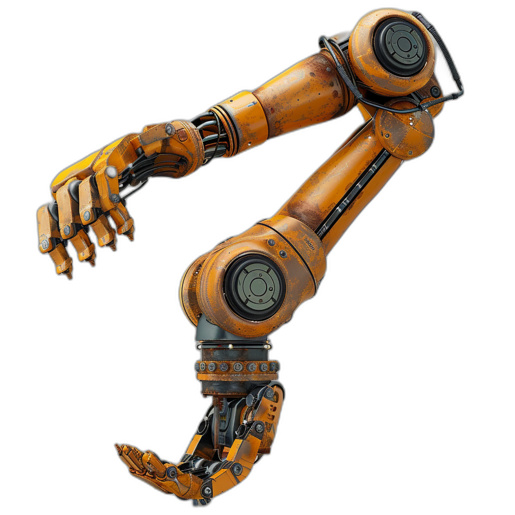 A robotic arm with an orange wood texture on a black background, rendered in 3D with a full body shot taken using a wide angle lens in a perspective view at high resolution and with high detail in a super realistic and hyper detailed style.