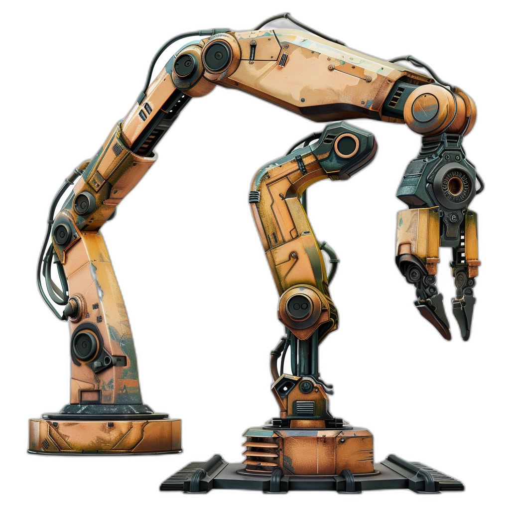 A stylized robotic arm, designed for crafting and building, with an industrial look. It’s painted in earthy tones of brown and grey, giving it the appearance of being worn from use over time. The robot has two arms that have different textures on each side, indicating its stencil or paint job is showing through at times. Black background.