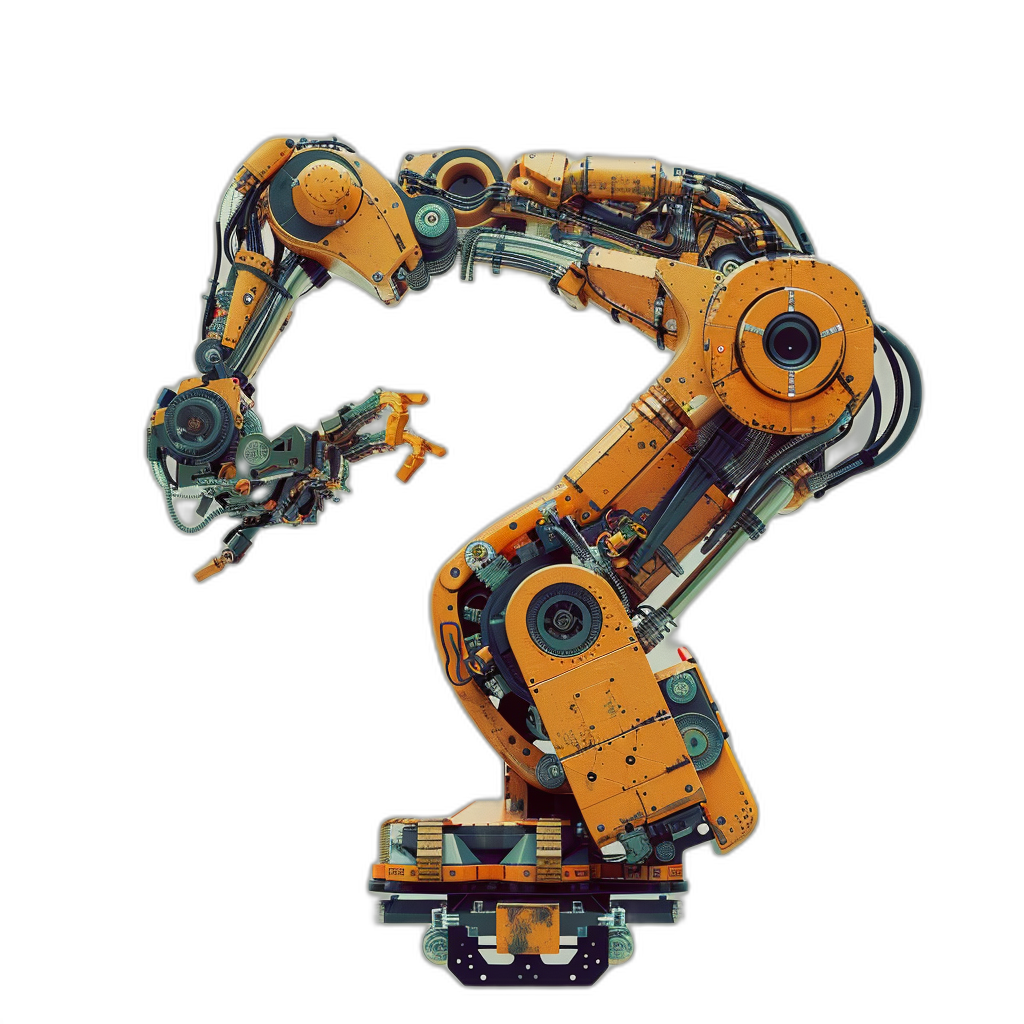 A robotic arm in the shape of an orange on a black background, in the cyberpunk style, a cartoon illustration, with mechanical precision, in dark yellow and light green colors, as a digital art technology piece, with machine aesthetics, using cool tones, from a side view. It is designed to be used for screen printing on T-shirts. The robot’s arms form the letter Q twice.