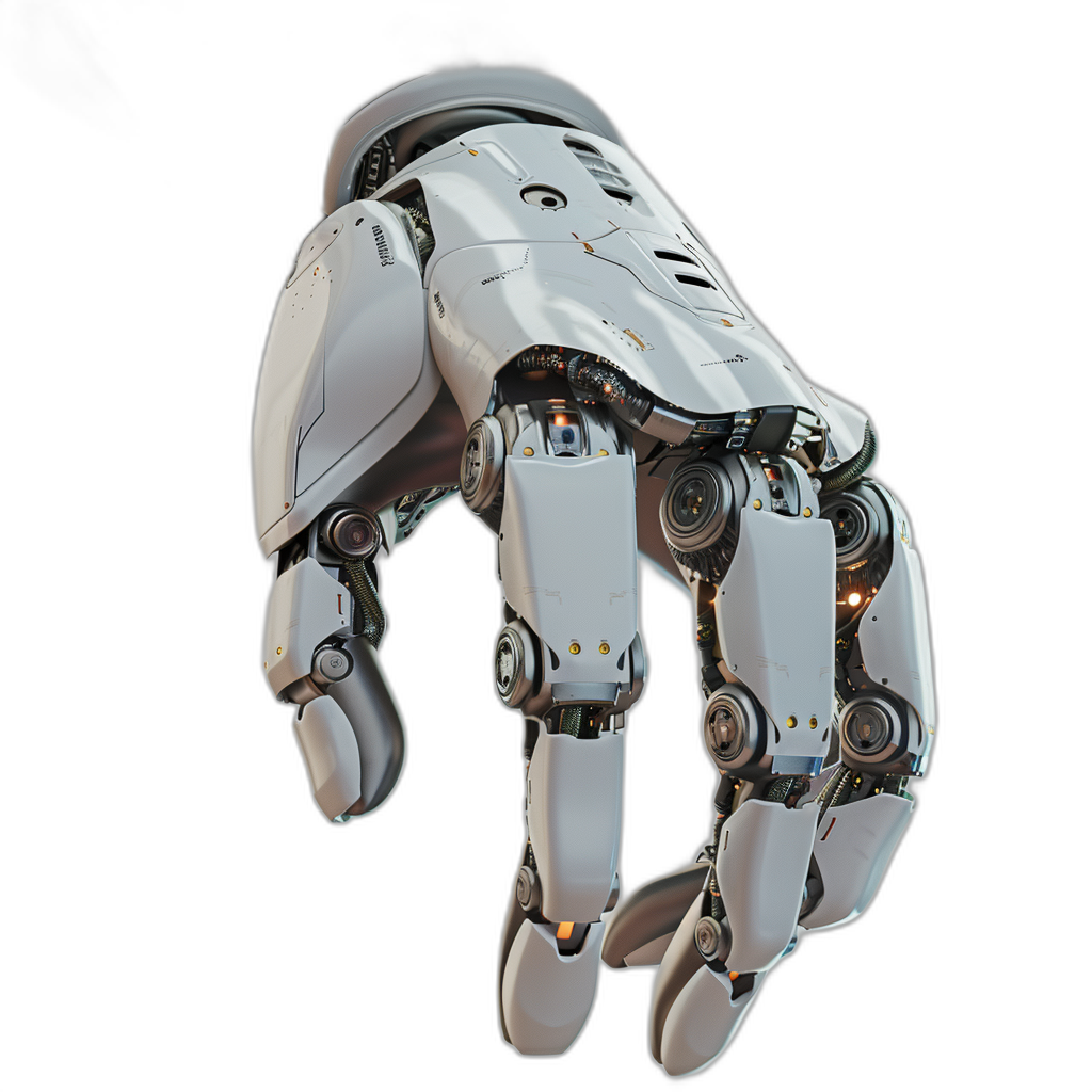 3d render of white robot hand on black background, hyper realistic