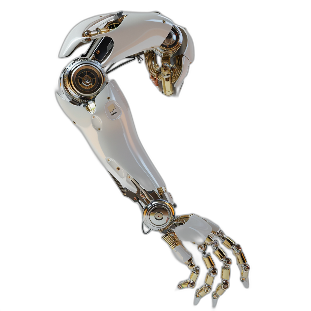 A white and gold robotic arm with a black background, cyberpunk style, in the shape of an “C”, 3D rendering, clean background, futuristic design, metallic texture, high resolution,