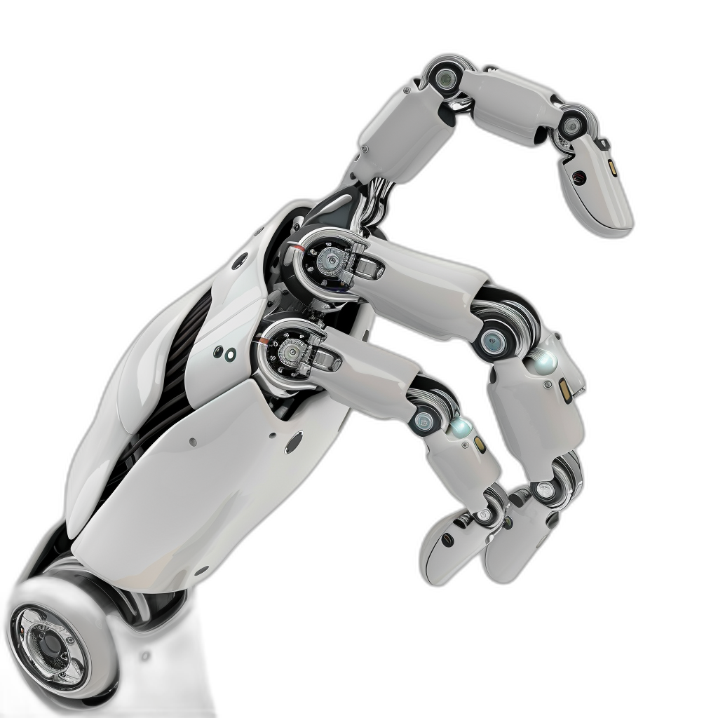 3d render of white robot hand with wheels on the fingers, isolated black background, studio shot