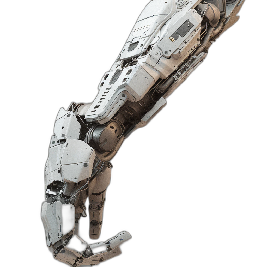 3/4 view of a white combat arm with armor and claws in the style of cyberpunk, on a black background, high quality render with volumetric lighting.