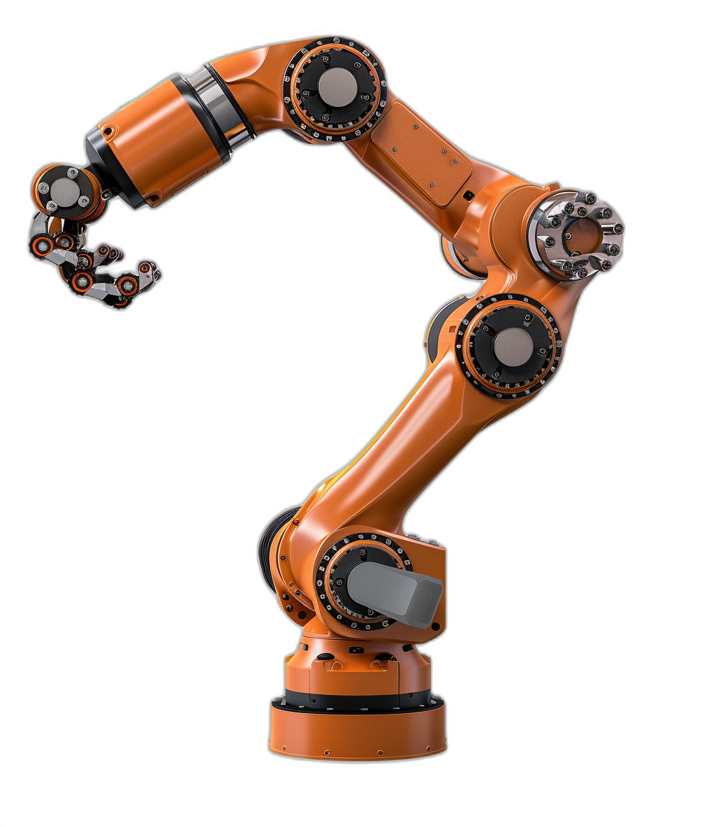 A robotic arm, orange color with black background, front view, industrial design, high resolution, hyper realistic, product photography, studio lighting, isolated on the left side of screen,