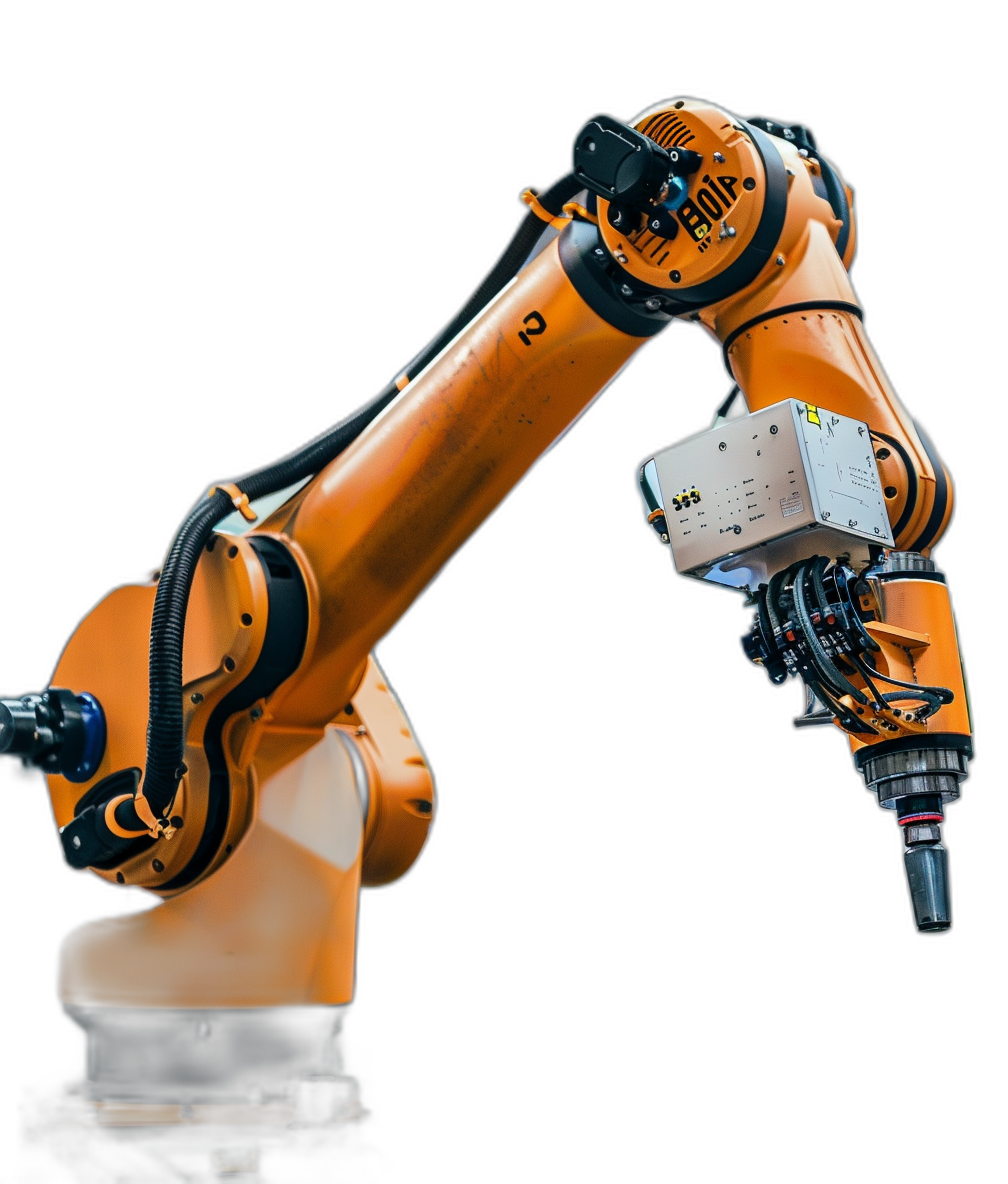 Photo of an industrial robot arm holding and maintaining something on a black background, in an isolated side view with studio lighting and an orange color palette, in the hyper realistic photographic style.