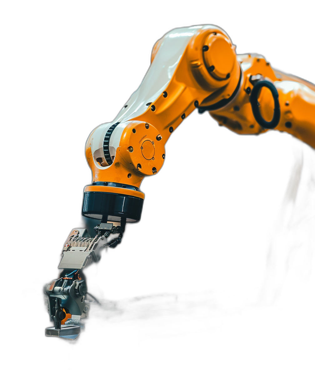 photo of robotic arm on black background, orange and white colors, industrial design, 3/4 view angle