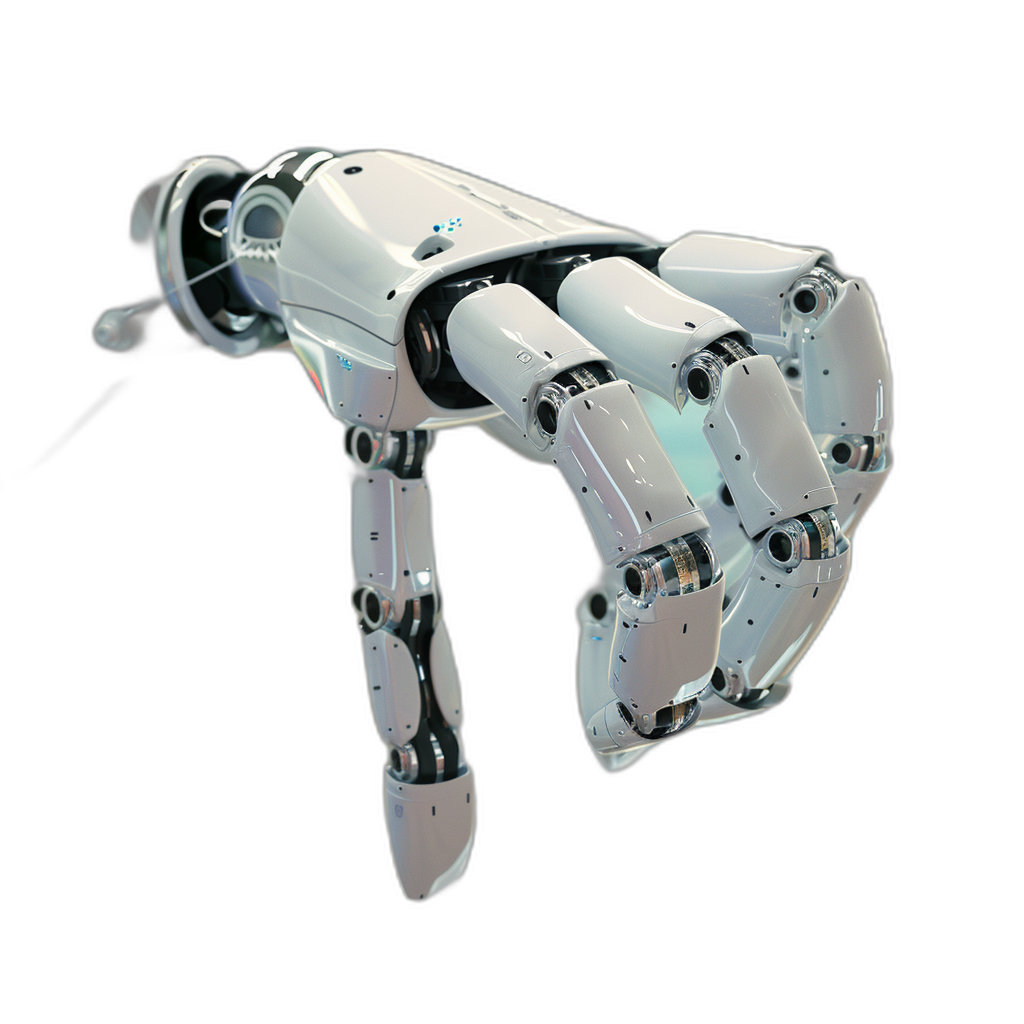 3D render of a white robot arm with its hand on its side against a black background, shown in perspective view with a hyper realistic style.