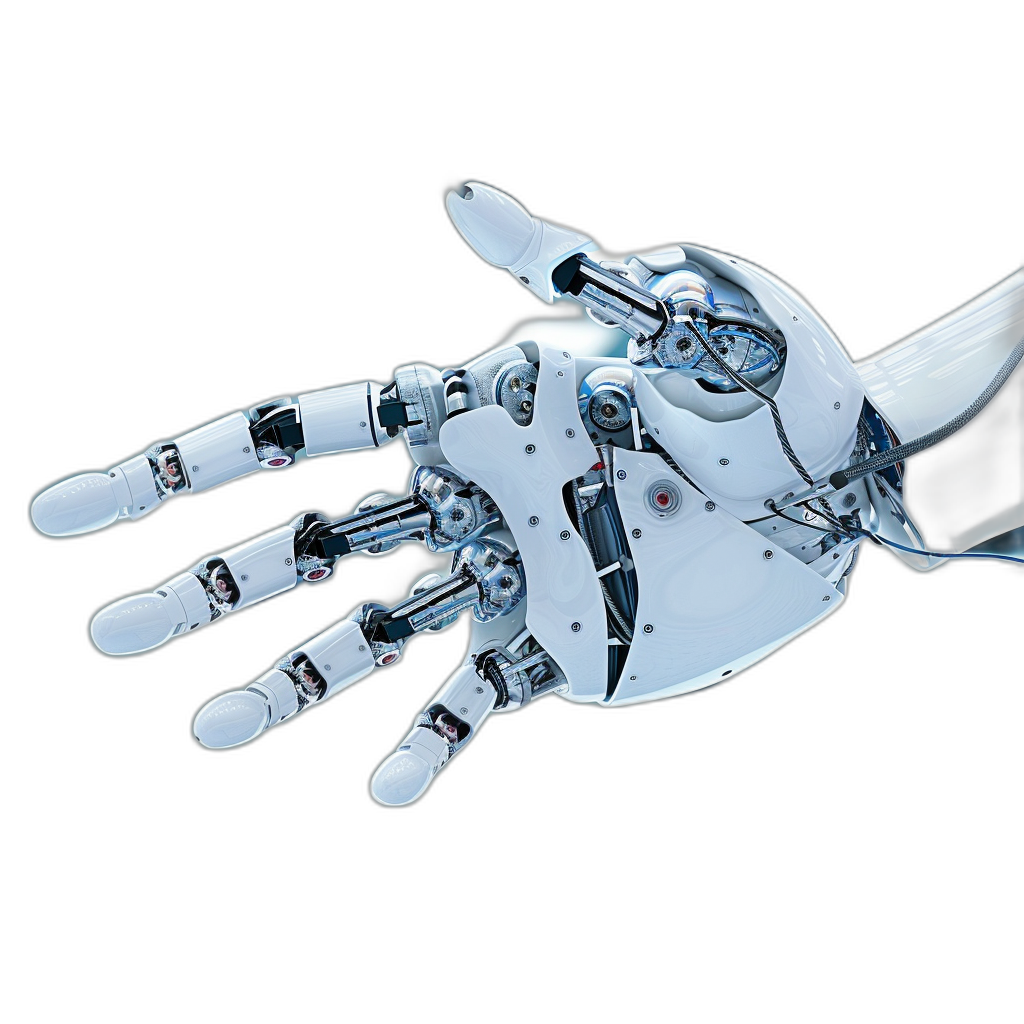 A robotic hand with a white color and silver metal parts, reaching out to the viewer on a black background. A photorealistic 3D rendering of an AI robot arm in high resolution, in the style of by an unknown artist.