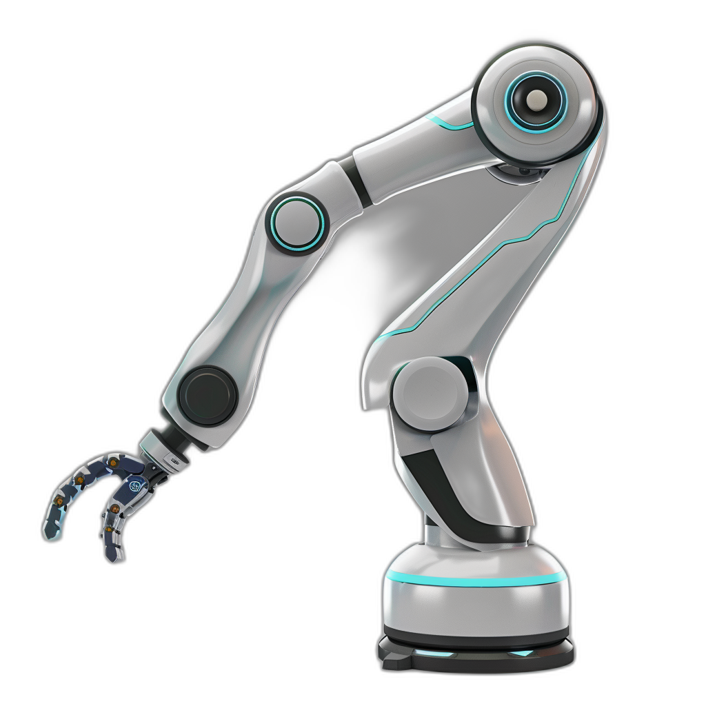 3d render of robot arm on black background, simple design, sleek, white and teal accents,