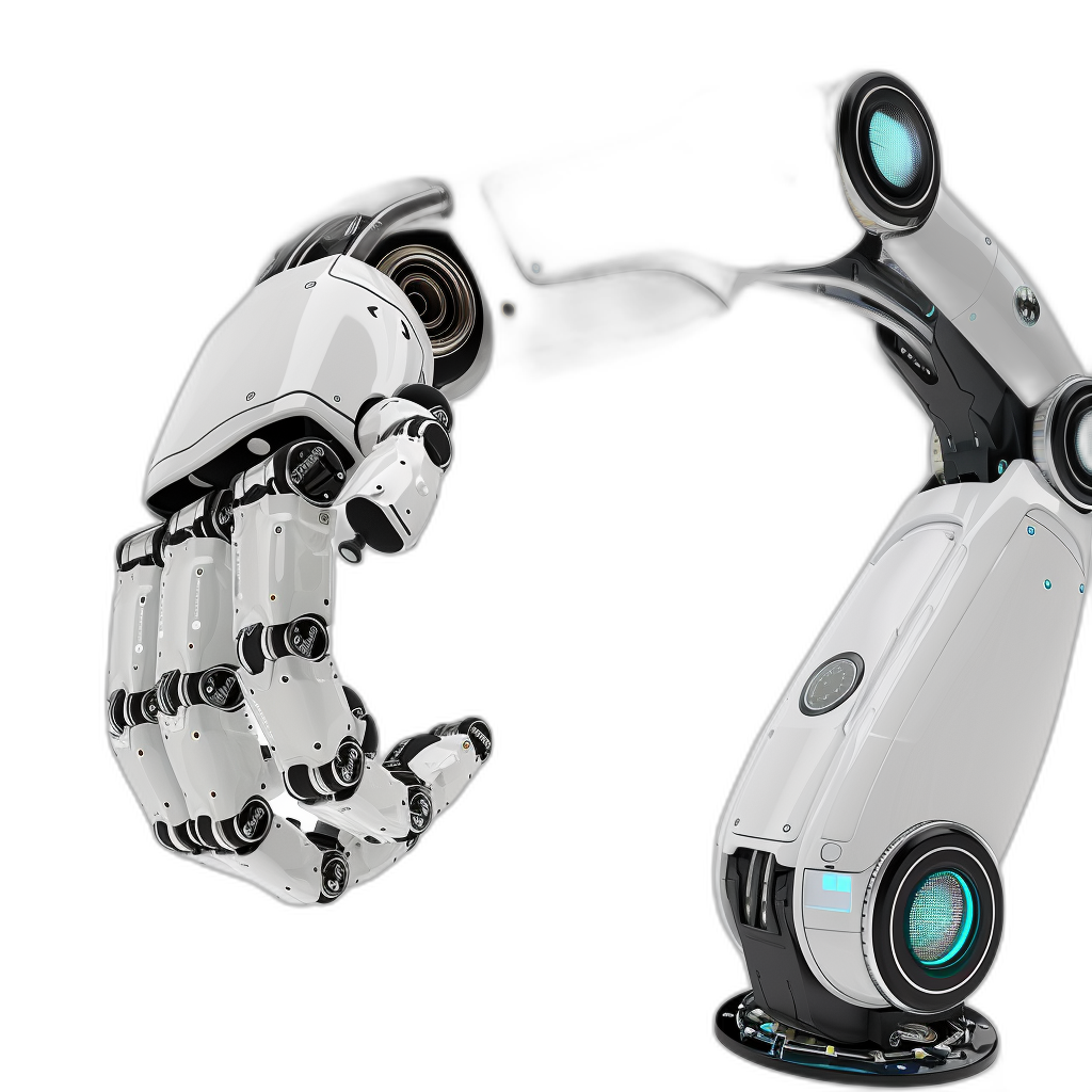 A robotic hand and robot arm with a holographic display, isolated on a black background, in the style of white color, 3D rendering illustration, front view.