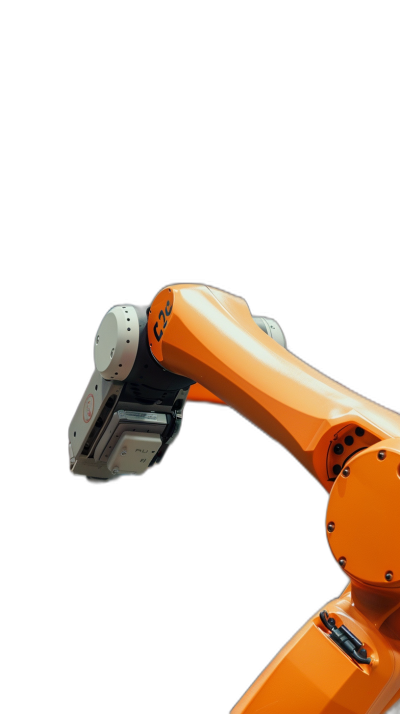 A robotic arm, orange color with black background, closeup shot, side view, minimalist style, product photography, studio lighting, high resolution, detail capture, high quality, high precision, precise details,