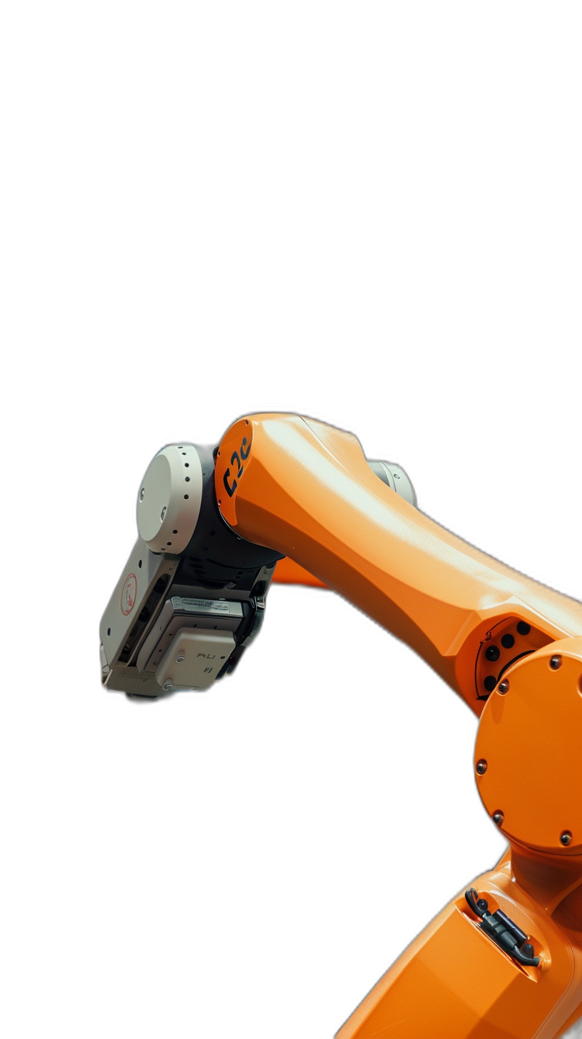 A robotic arm holding an industrial robot, orange color with black background, minimalist design, high resolution, high quality, high detail, Canon EOS