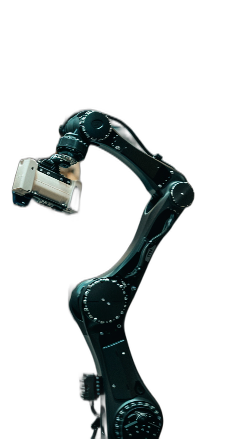 Photo of an industrial robot arm holding a small camera on its end, on a black background, shown from the side. The photorealistic image was rendered with octane in a hyperrealistic, cinematic style. With insanely detailed and intricate volumetric lighting, the super detailed rendering captures high resolution photography in the style of hyper realistic art.