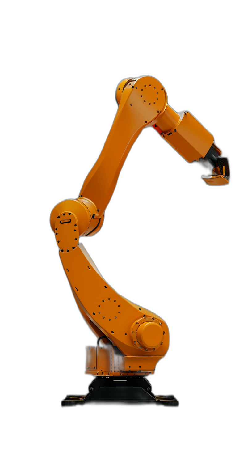 photograph of Orange robot arm isolated on black background, side view