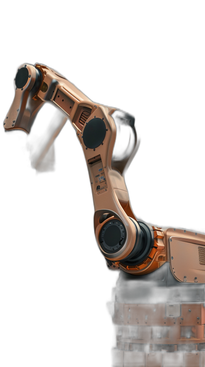 Photo of an industrial robot arm on a black background, in solid colors of copper and dark brown, taken from a low angle, studio photography shot in a photorealistic, hyperrealistic style with high resolution and hyper detailed imagery, in the style of stock photography.