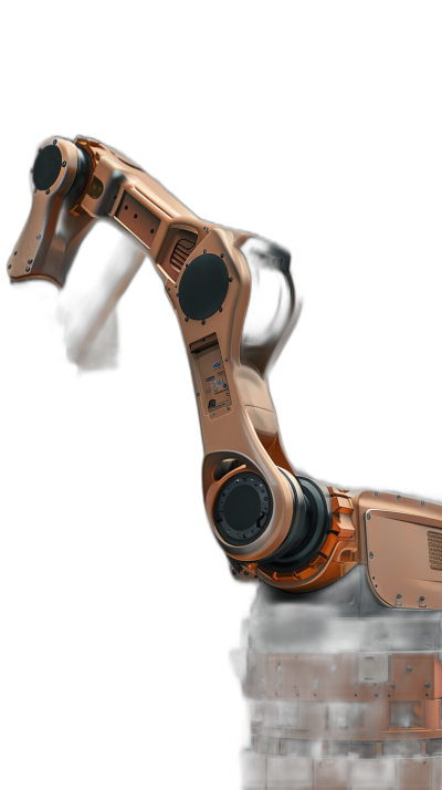 A robotic arm on black background, digital art style, high resolution, in rose gold and dark bronze colors, minimalistic design, with backlighting, with a focus on the robot's mechanical details. The robot is positioned at an angle of about one third from top right corner to left side, creating a sense of depth. It has four arms that end in two hands each. There’s steam coming out of its mouth which adds movement and dynamicity to the scene. In front there should be big cylinder with light inside it.