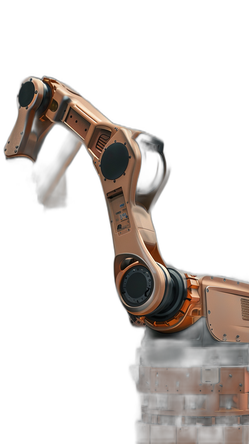 A robotic arm on black background, digital art style, high resolution, in rose gold and dark bronze colors, minimalistic design, with backlighting, with a focus on the robot’s mechanical details. The robot is positioned at an angle of about one third from top right corner to left side, creating a sense of depth. It has four arms that end in two hands each. There’s steam coming out of its mouth which adds movement and dynamicity to the scene. In front there should be big cylinder with light inside it.