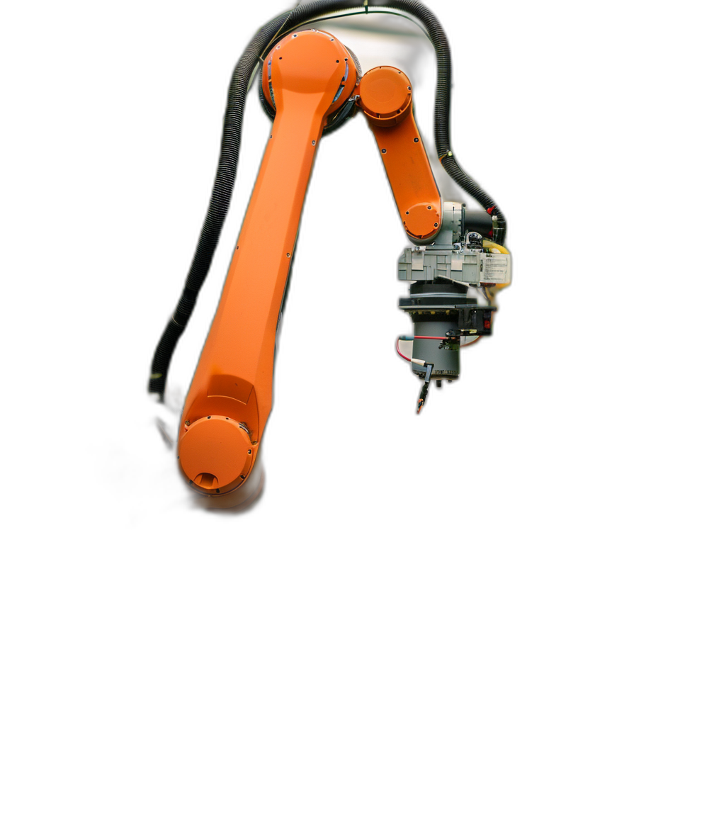 An industrial robot arm of orange color on a black background, in a high resolution photograph.