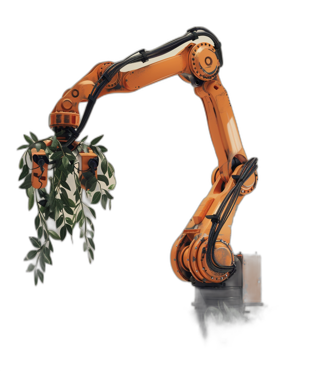 A robotic arm holding leaves on a black background, a hyper realistic photo of an industrial robot with orange color and long mechanical arms is growing green plants in the air. In one hand it holds large branches and small flowers. It stands straight up at its tip. The left arm reaches for fresh foliage. A very simple structure made from wood or metal frames was used to support these elements above its head. Isolated on a white background.