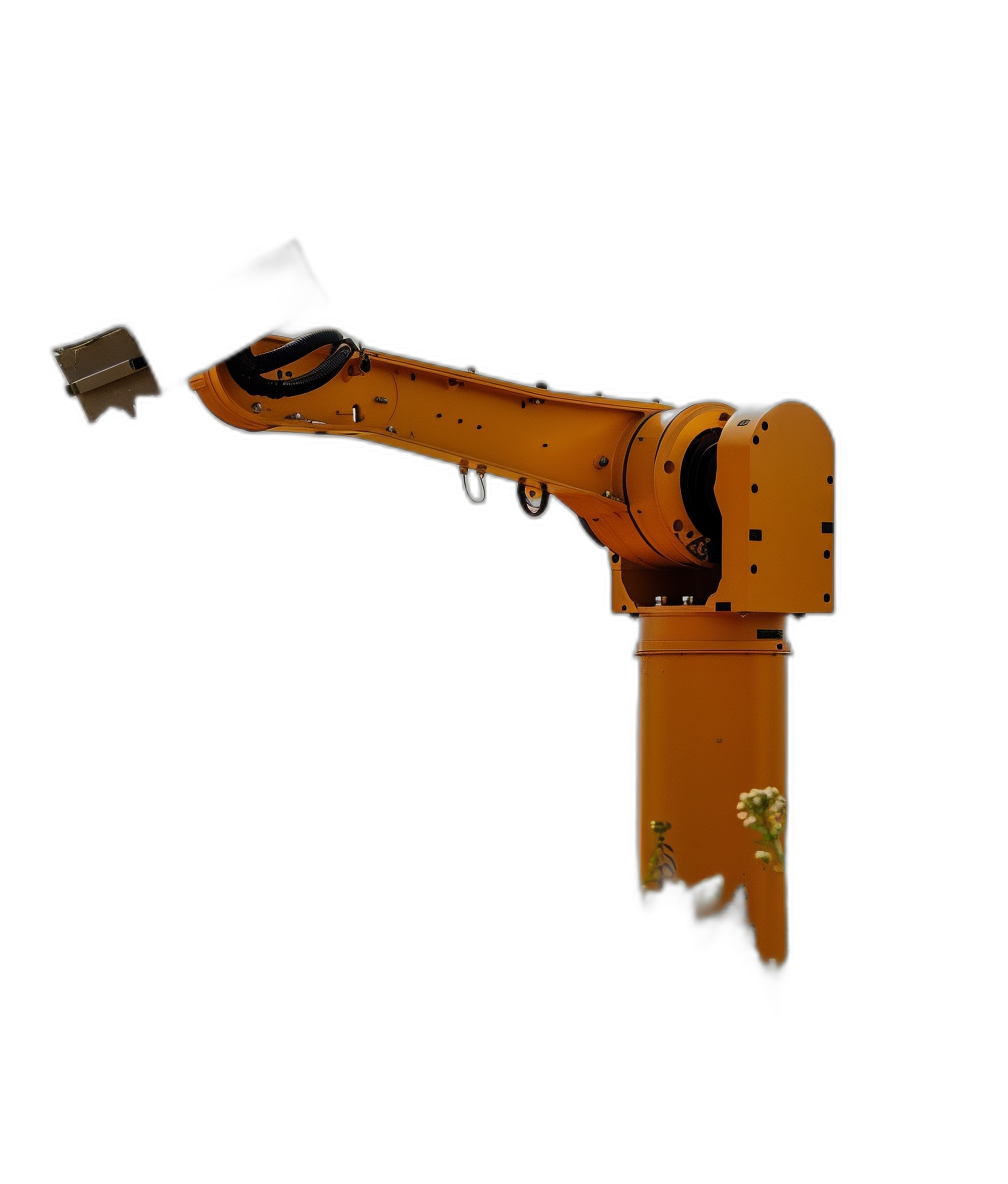 A robotic arm is mounted on the side of an orange metal post, black background, dark green and light amber style, simple and clean design, front view, holding a flower in its hand, product photography, high resolution, hyperrealistic details, sharp focus, isolated object, solid color background, no shadows, no reflections, shot with Canon EOS R5 camera