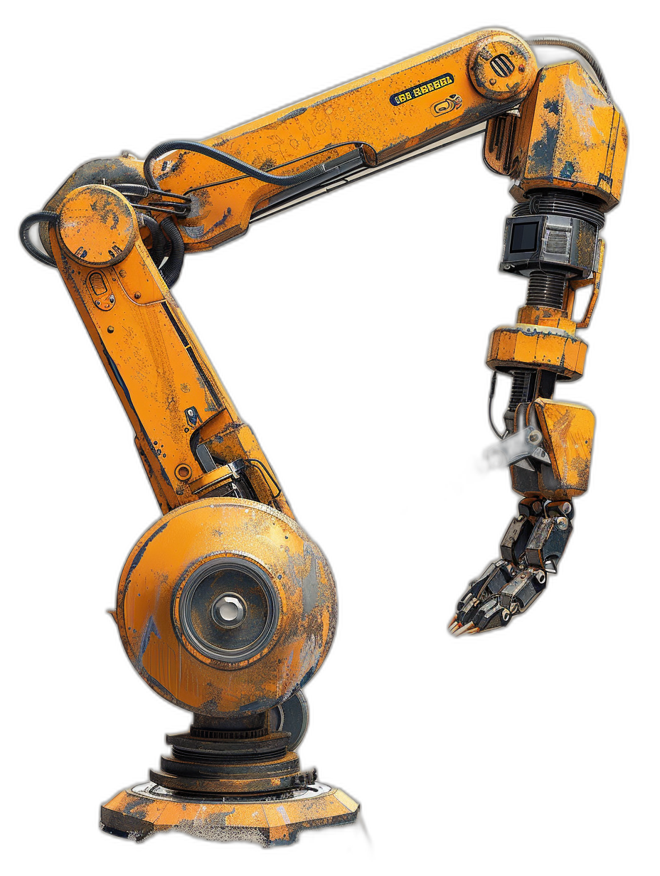 Industrial robot arm, orange color with some scratches and dirt on the surface, on a black background, side view, high resolution, high details, high quality, hyper realistic rendering, hyper detailed, hyper realism, cinematic lighting, full body shot, 3D render, 4K, perspective photography, studio photography, isolated object, no shadow at the bottom of the picture, in the style of hyper realistic rendering.