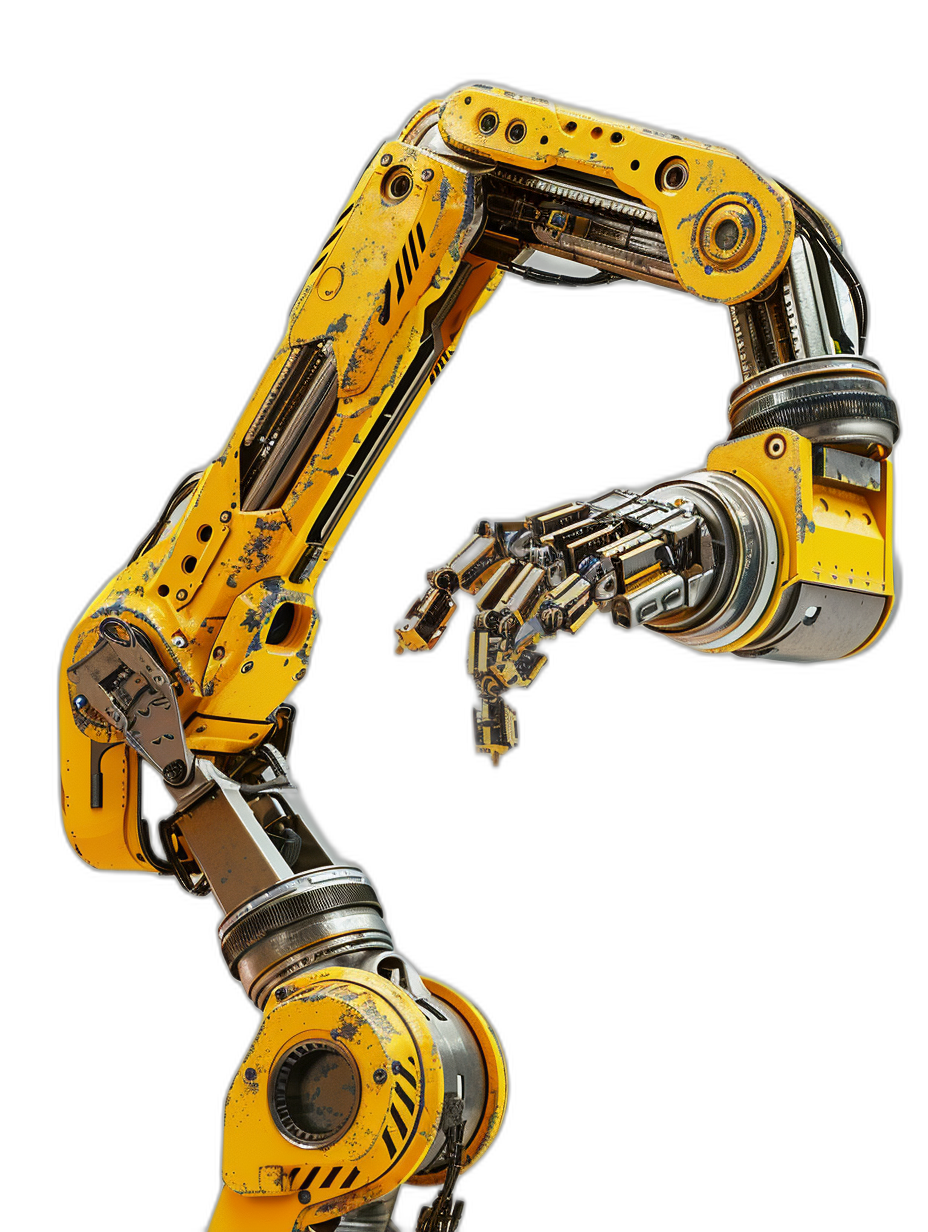 A yellow and silver robot arm with one extended finger, on a black background, in the style of hyper realistic photography.