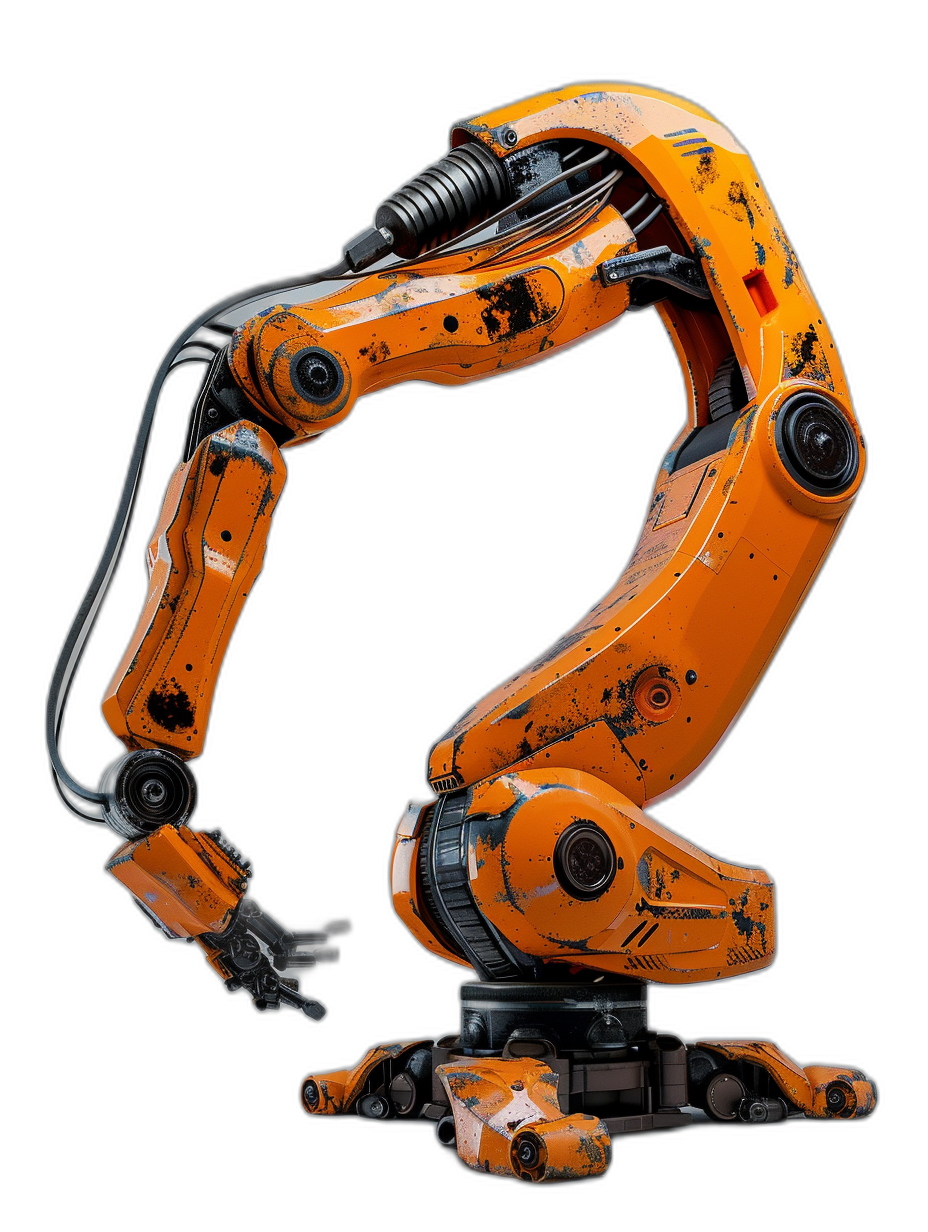 A robotic arm, orange in color with black metal parts, stands on its hind legs and holds something in its palm. Isolated on a black background, this is a concept design in the style of a hyper realistic oil painting seen from a dynamic angle.