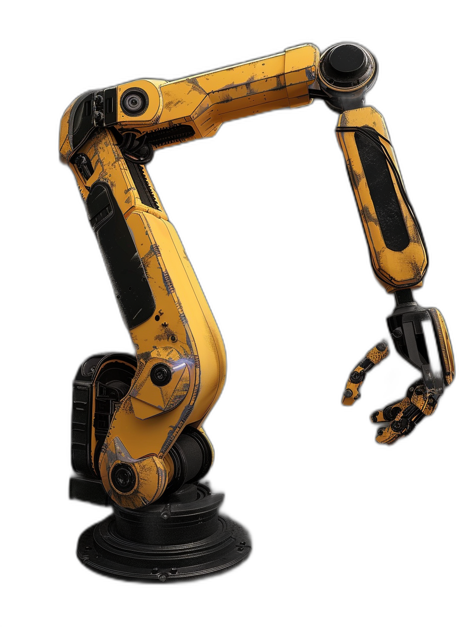 yellow and black industrial robot arm against a black background, concept art in the style of Pixar studio, high resolution, highly detailed